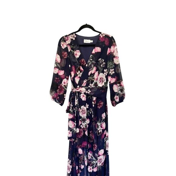 Eliza J Floral High Low Maxi Dress Navy Pink 4 NWT - Picture 6 of 11
